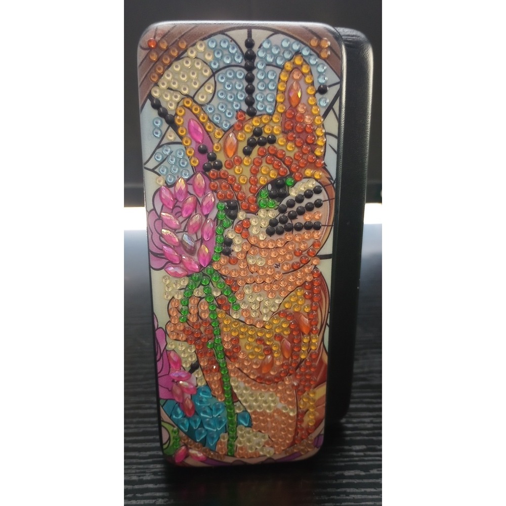 Completed Diamond Art Eyeglass Case - Orange Cartoon Cat‎ With Pink Flower